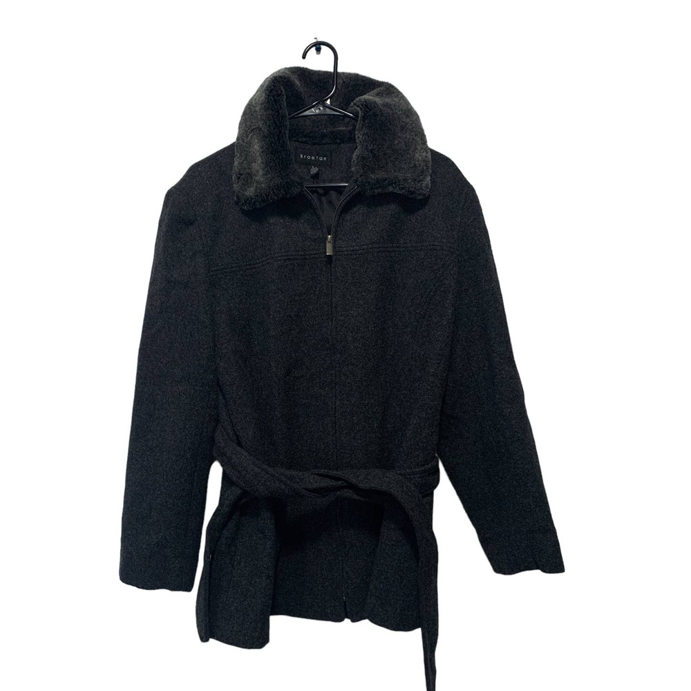 Braetan Full Zip Wool Jacket Belted Tie Waist Faux Fur Collar Gray Women's Large